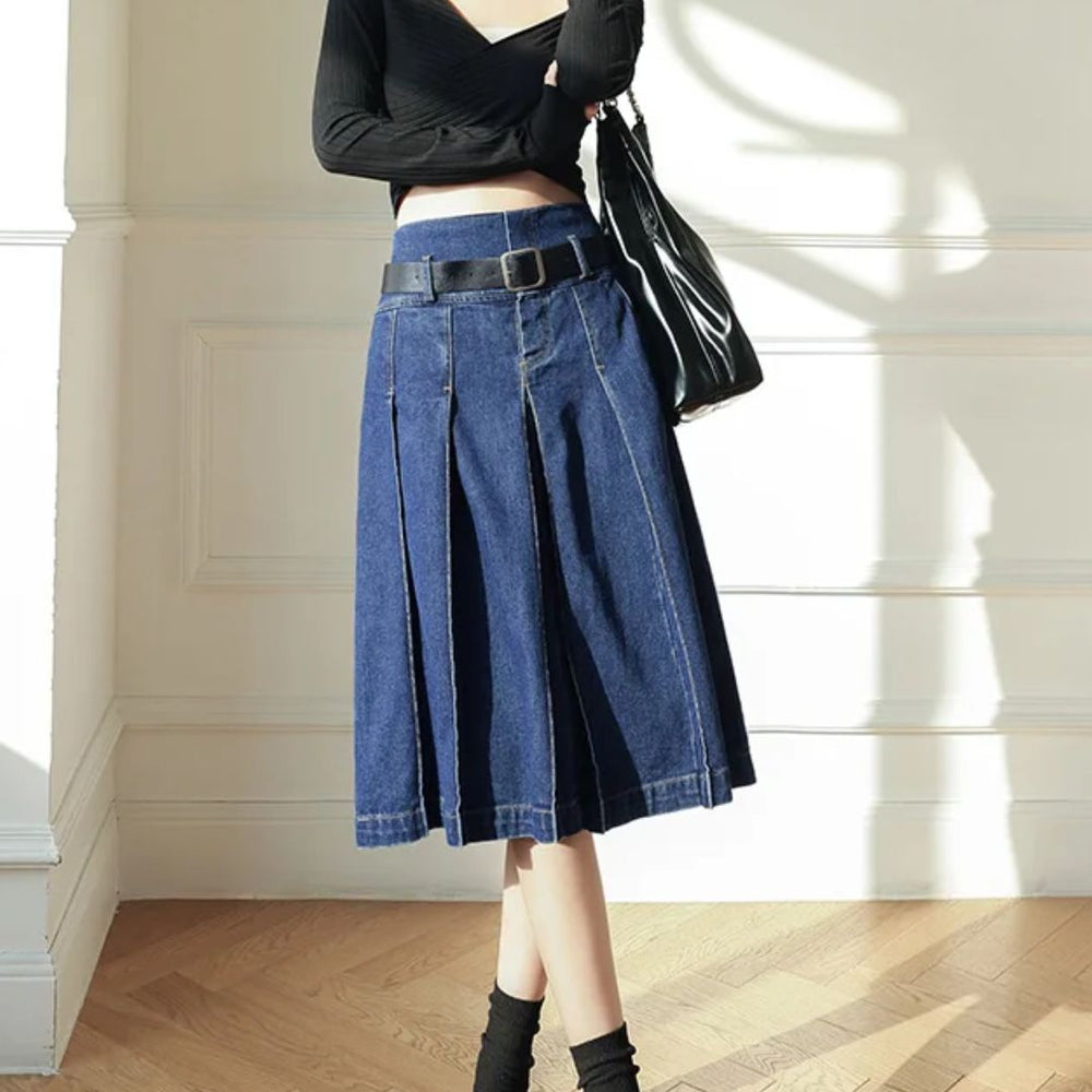 Trachtenrock Rosie – Knielanger Plissierter Jeansrock im Vintage-Stil 1