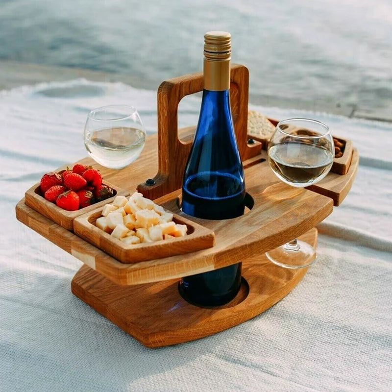 WineNest – Klappbarer Holz-Picknicktisch mit Glashaltern und Snackfächern 0