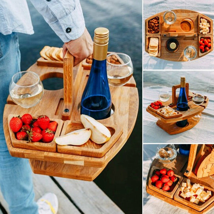 WineNest – Klappbarer Holz-Picknicktisch mit Glashaltern und Snackfächern 5