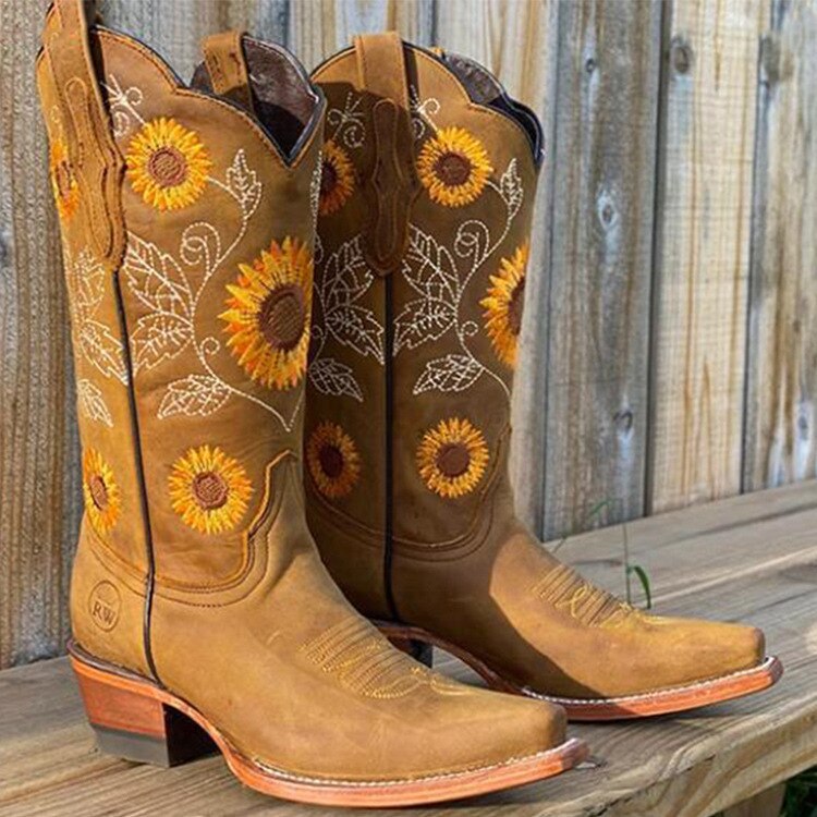 Zephyras – Bohemian Stiefel Damen aus Echtleder mit Sonnenblumenmuster 0