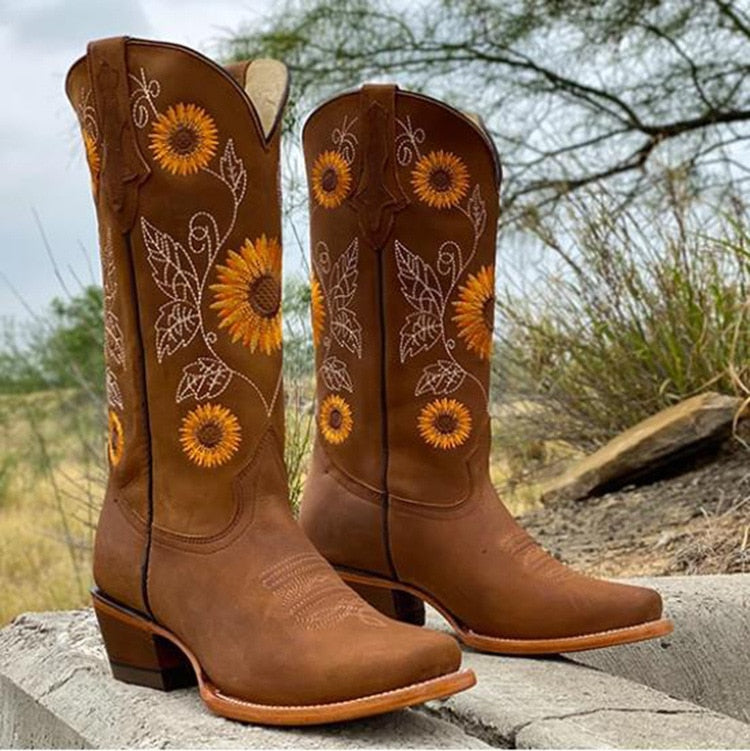 Zephyras – Bohemian Stiefel Damen aus Echtleder mit Sonnenblumenmuster 1
