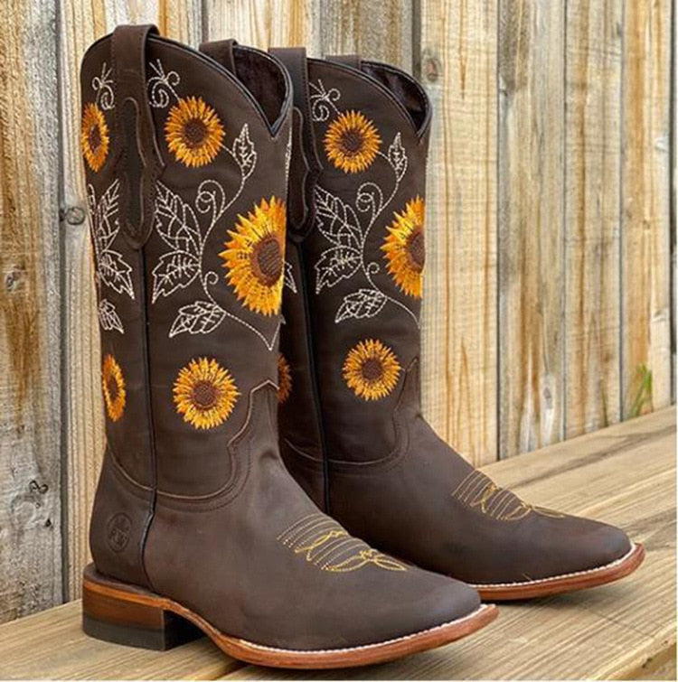 Zephyras – Bohemian Stiefel Damen aus Echtleder mit Sonnenblumenmuster 3